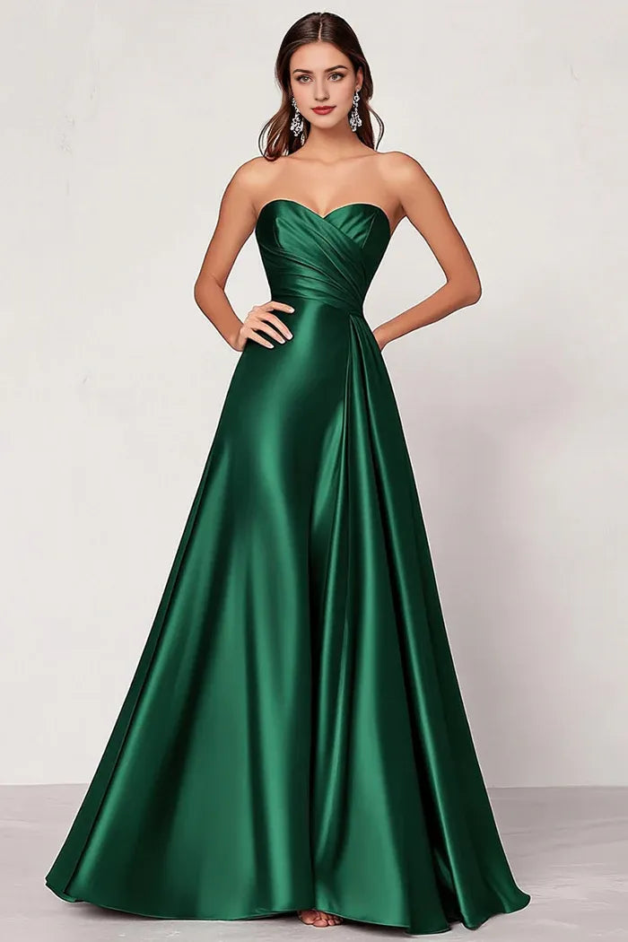 Robe Weitese élégante en satin vert foncé, coupe trapèze, décolleté en cœur, sans manches, avec lacets